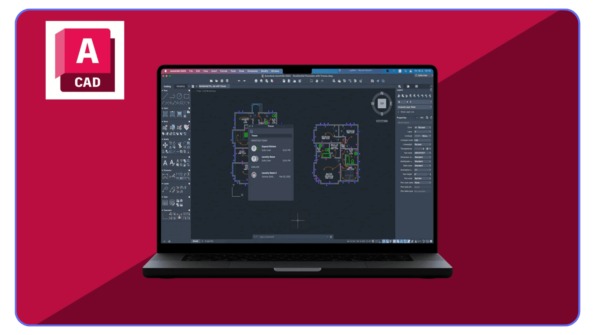 MacBook running AutoCAD with architectural plans visible on screen against a red background.