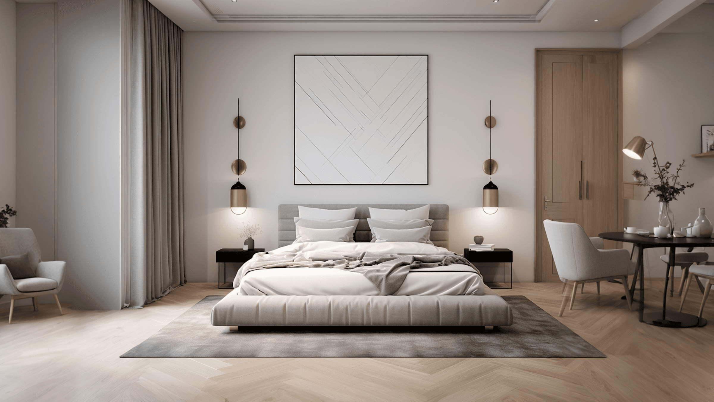 A modern bedroom featuring a large bed, nightstands, lamps, and minimalist decor in neutral tones.