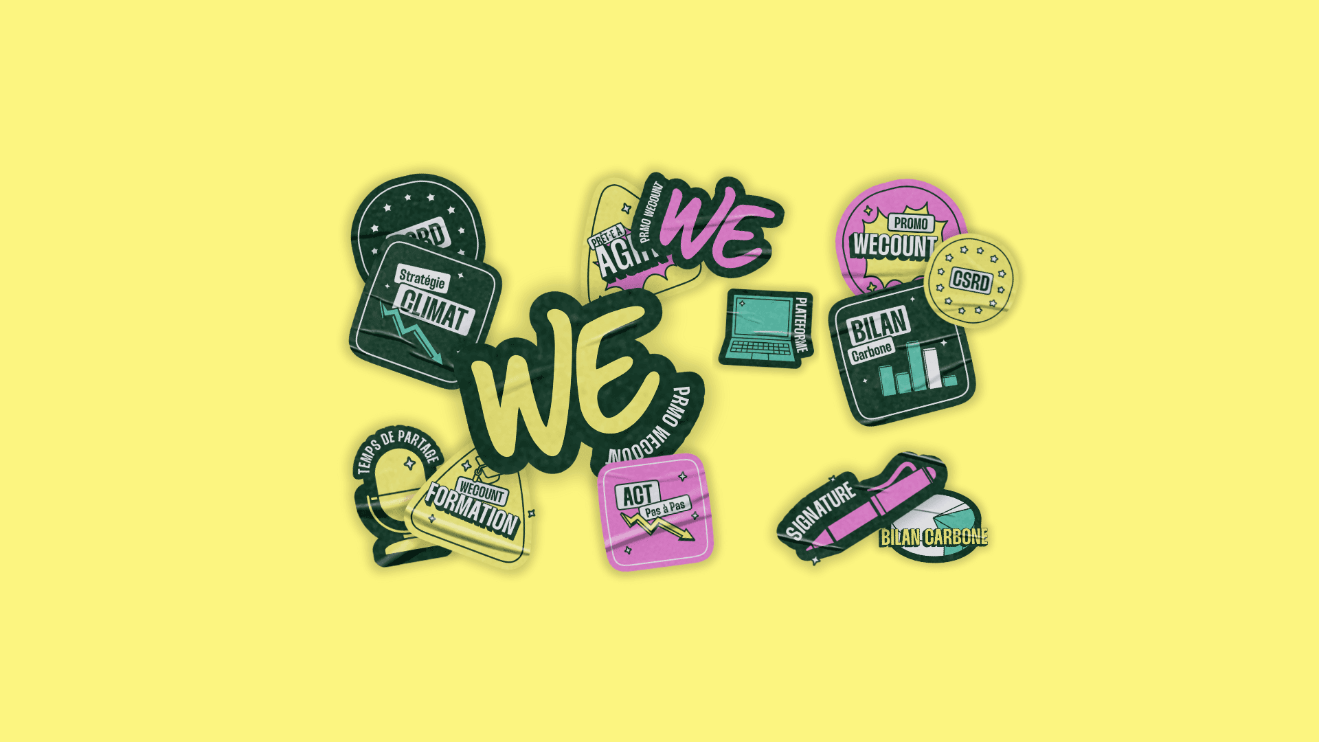 Planche de stickers illustrés pour WeCount, conçus pour incarner visuellement les piliers de leur accompagnement : climat, bilan carbone, action, partage. Une DA ludique, pensée pour engager sans culpabiliser.