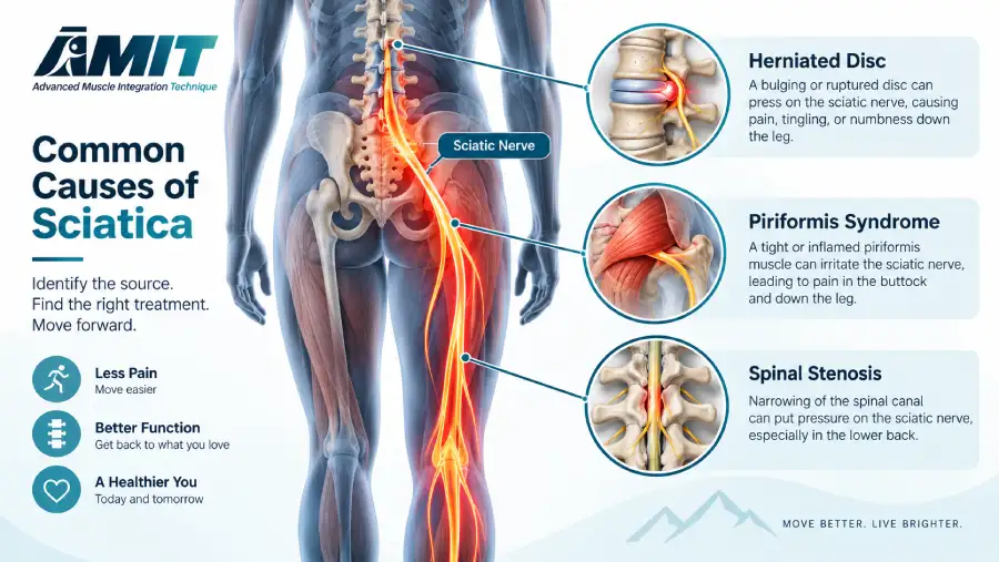 Infographic showing the sciatic nerve path and the three most common causes of sciatica.