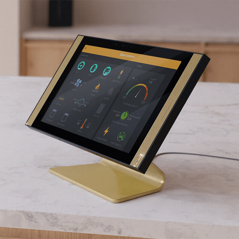 Smart home control panel with various status indicators.