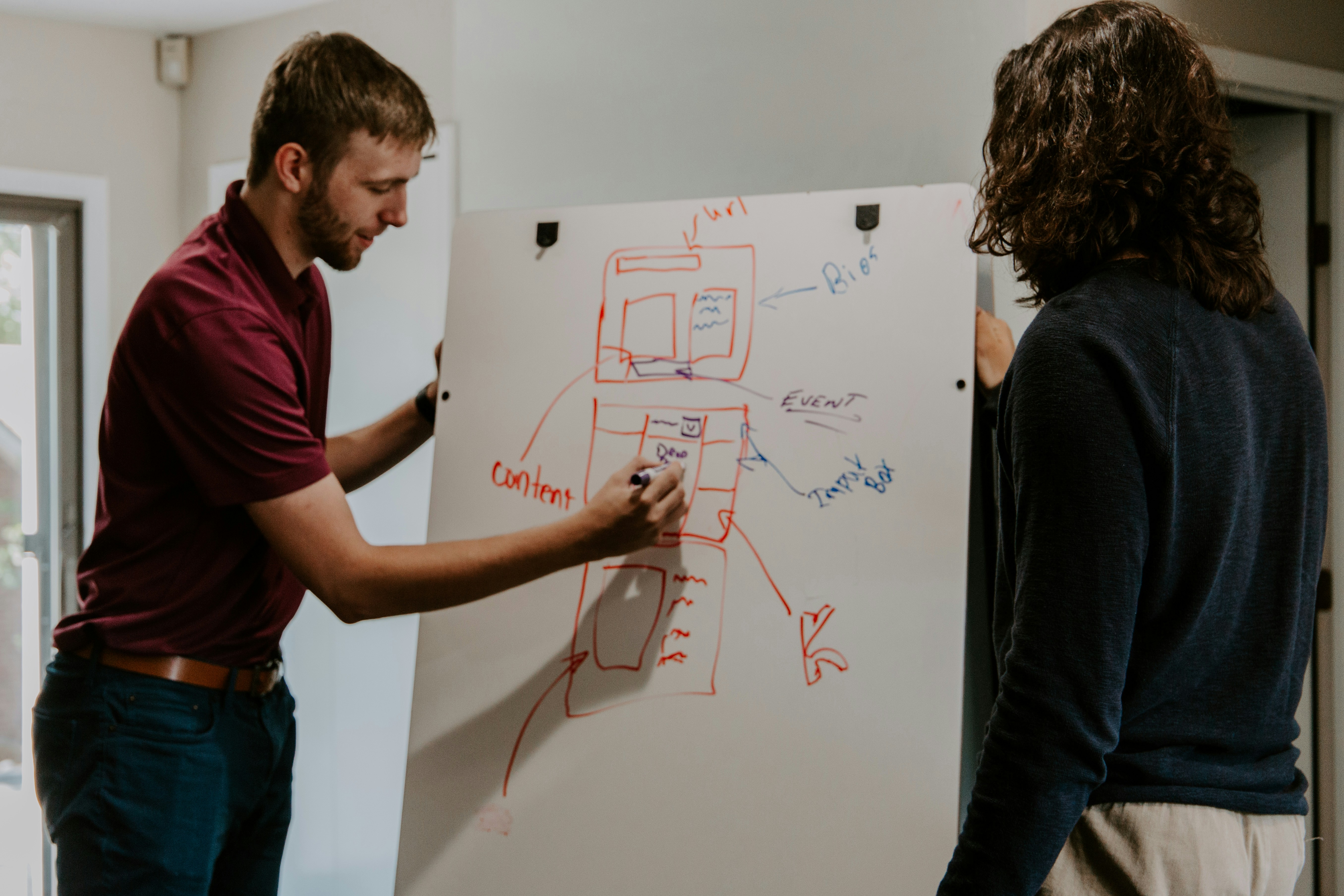 Man making a flow chart to let woman know about ChatPDF Alternative