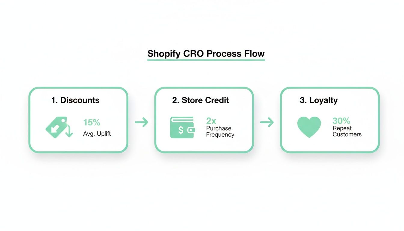 Flowchart detailing Shopify CRO steps: Discounts, Store Credit, and Loyalty with key metrics.