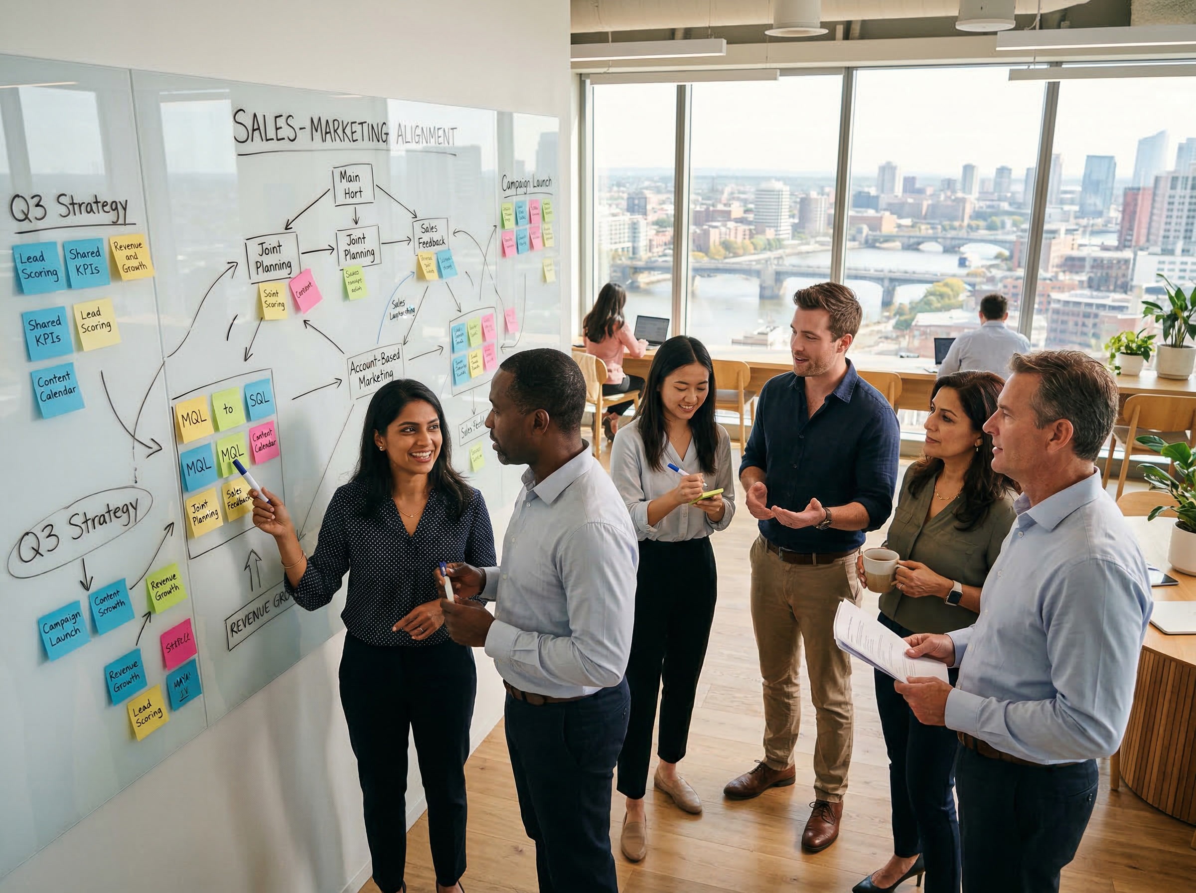 Six colleagues standing in front of a glass board covered in sticky notes labeled Sales-Marketing Alignment with the city visible through windows.