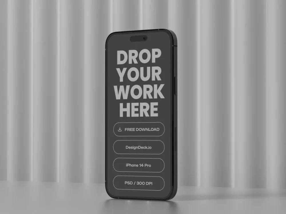 iPhone 14 Pro mockup in a sleek black finish, displayed upright on a reflective surface. The screen showcases placeholder content, set against a backdrop of softly textured gray vertical drapes.