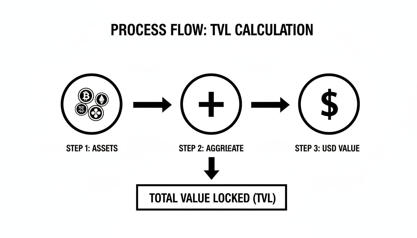 Diagram illustrating the TVL calculation process: assets are aggregated, converted to USD value, resulting in Total Value Locked.