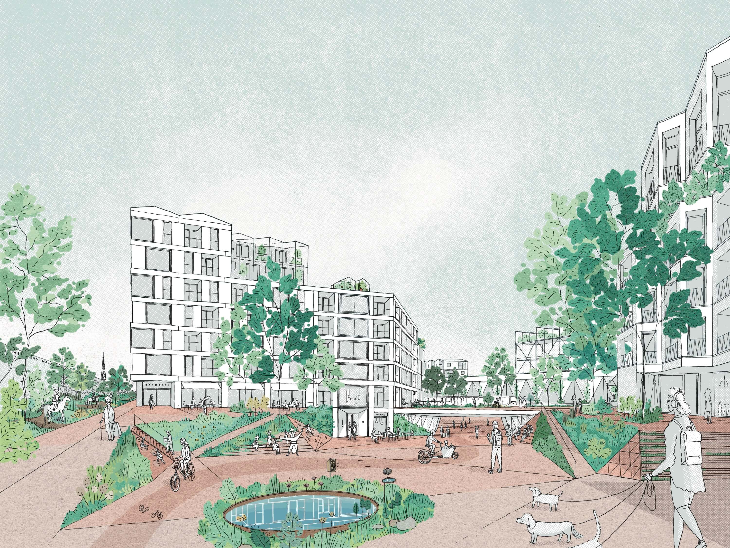 A watercolor illustration of a serene park scene with buildings, pathways, trees, and a small pond.