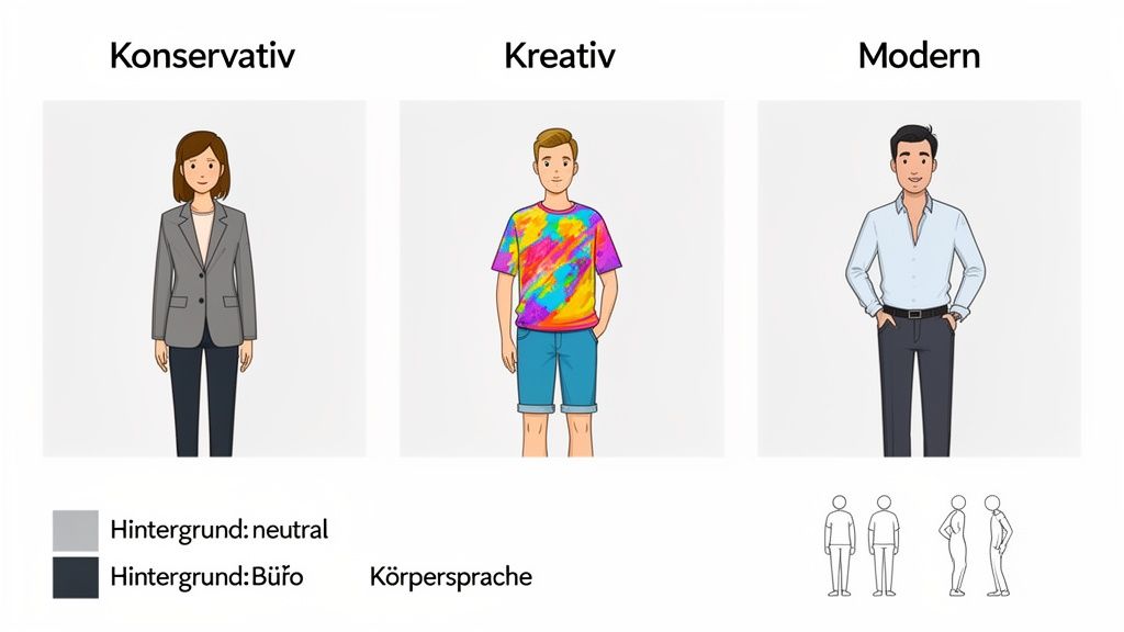 Illustration von konservativen, kreativen und modernen Kleidungsstilen sowie Körpersprache für Bewerbungen.