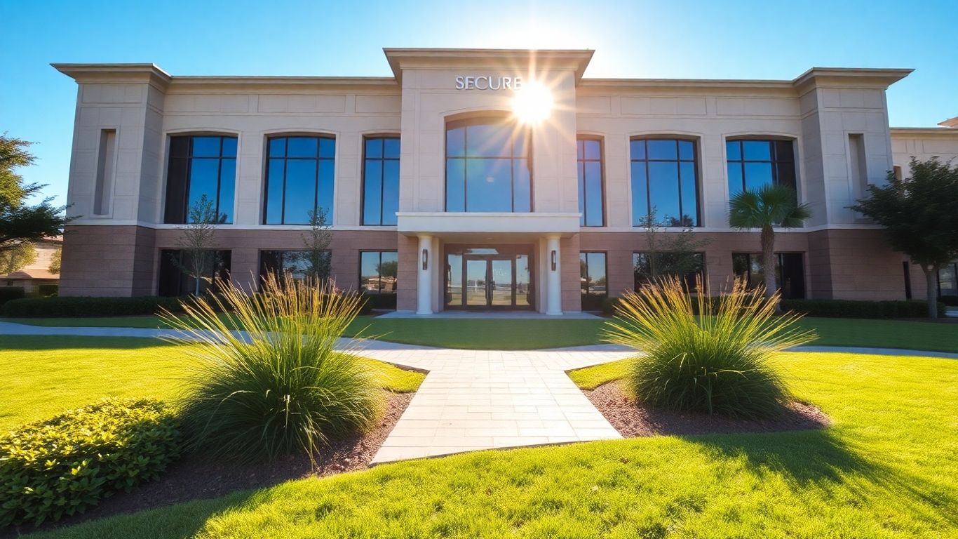 Modern building exterior with landscaping and blue sky.