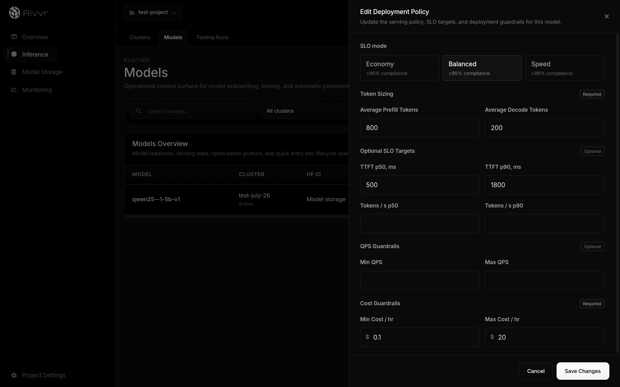 Rivvr deployment policy panel for defining model SLO targets, token sizing, throughput guardrails, and cost limits