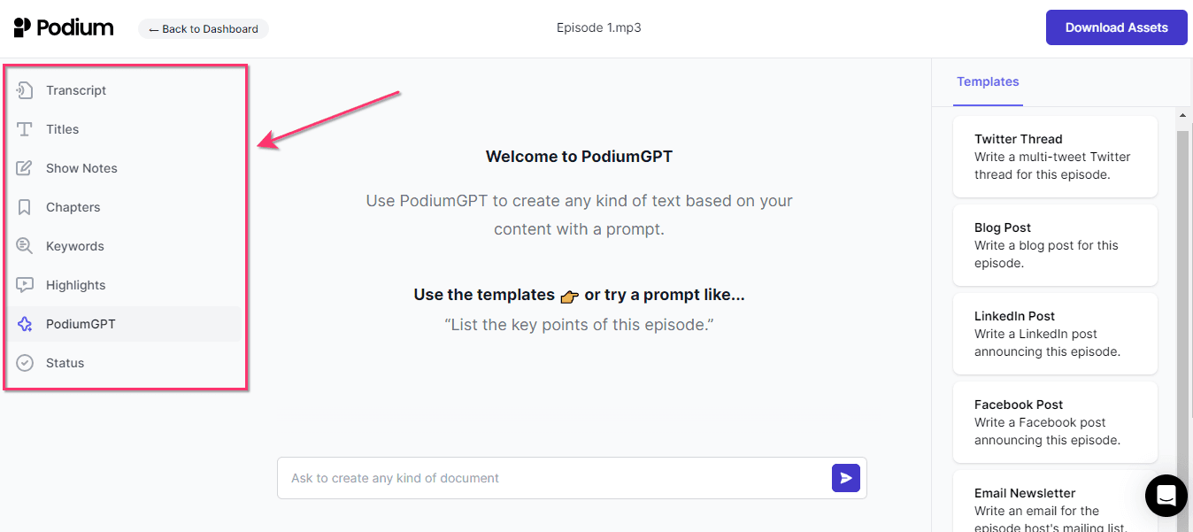 Podium's UI showing the contents navigation