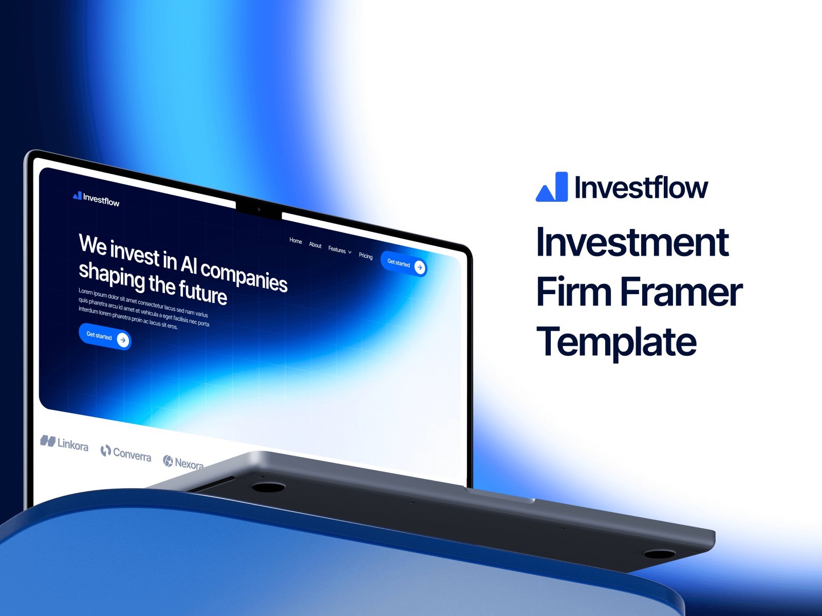 Laptop displaying AI investment website with blue gradient and branding.