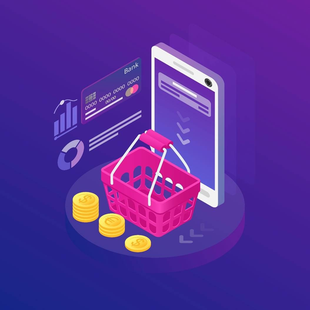 Isometric illustration of a shopping basket, smartphone, credit card, coins, and analytics charts for mobile commerce
