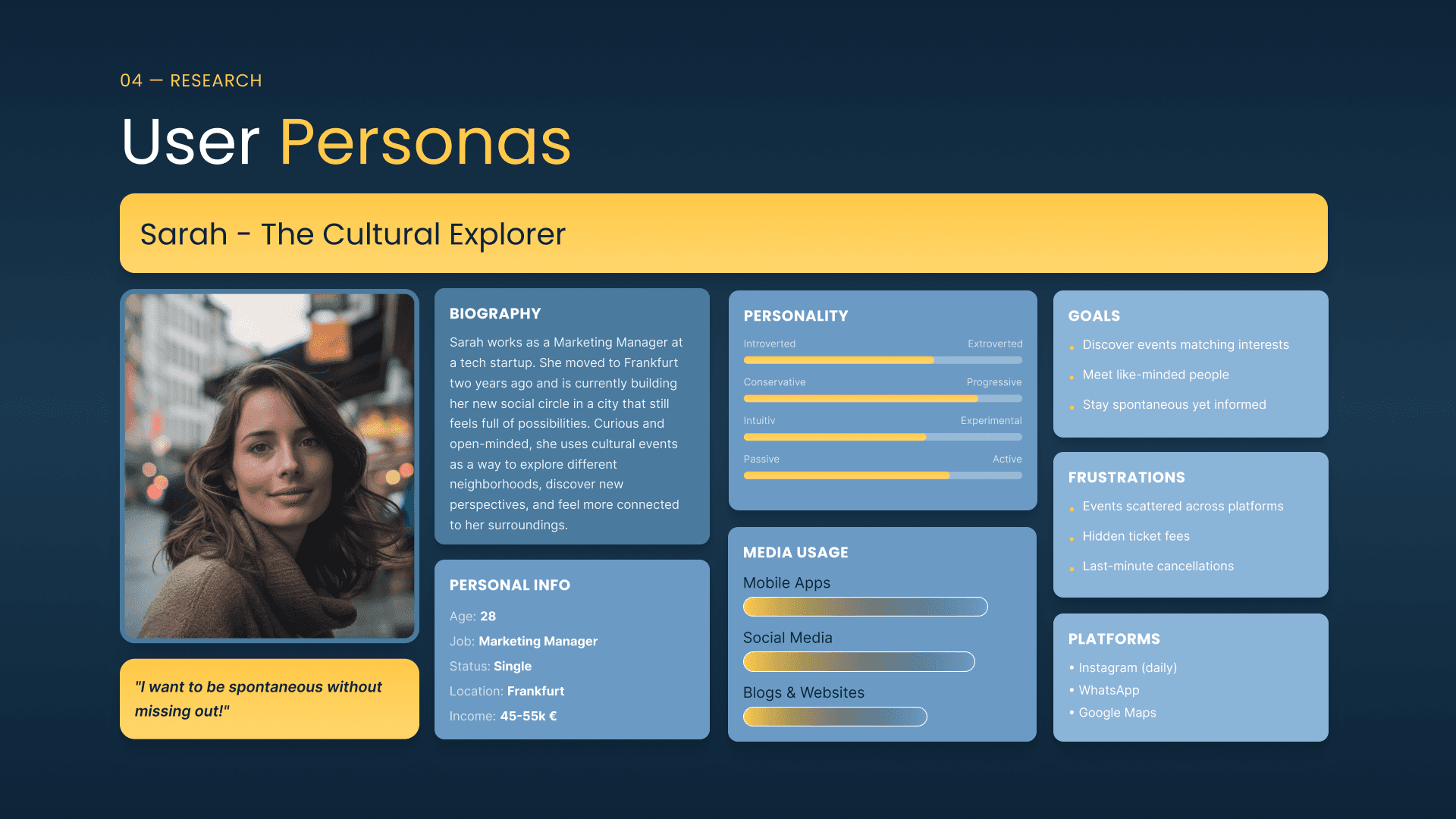 DineCircle UX process presentation slide showing user research insights, journey mapping, wireframes, and final UI screens