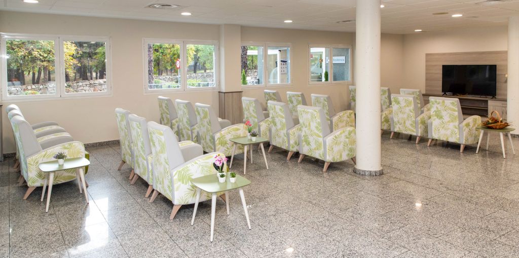 Spacious lounge with leaf-patterned armchairs, small tables, and a TV area facing garden views.