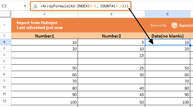 =ArrayFormula(A3:INDEX(A:A, COUNTA(A:A)))