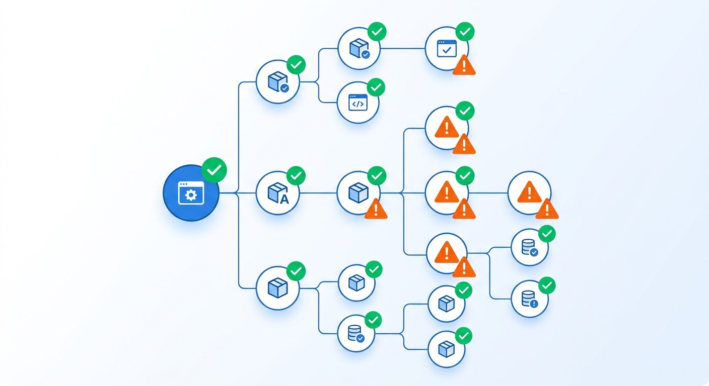 Flat illustration of a software dependency tree with security checkmarks and warning icons on package nodes