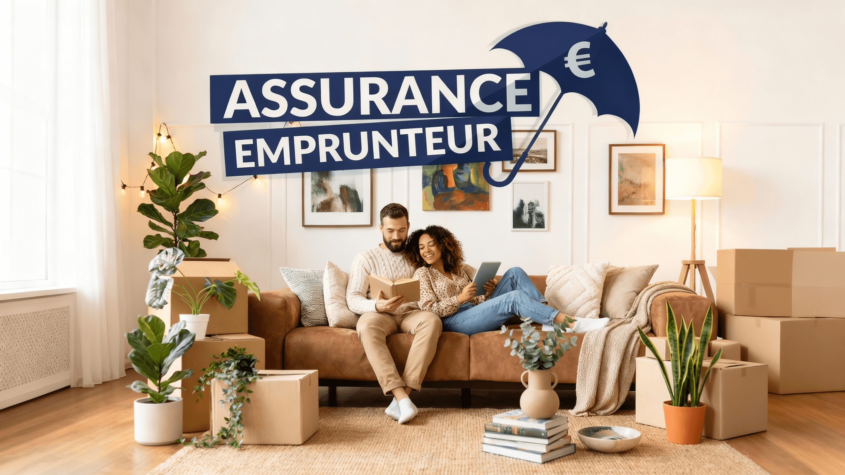 Couple de propriétaires souriant dans leur nouvelle maison, ayant réalisé des économies grâce à la délégation d'assurance emprunteur.