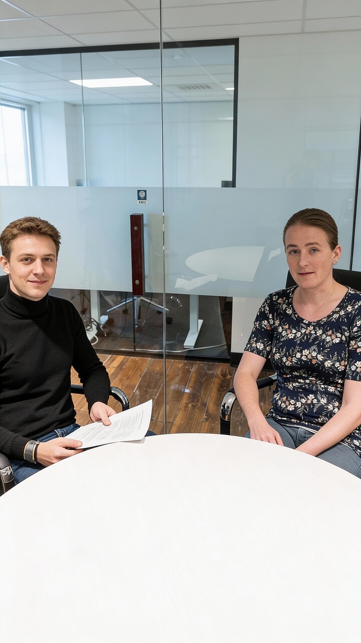 “In-depth UX research interview conducted in a glass-walled meeting room, with a researcher and participant seated at a table reviewing discussion notes.”