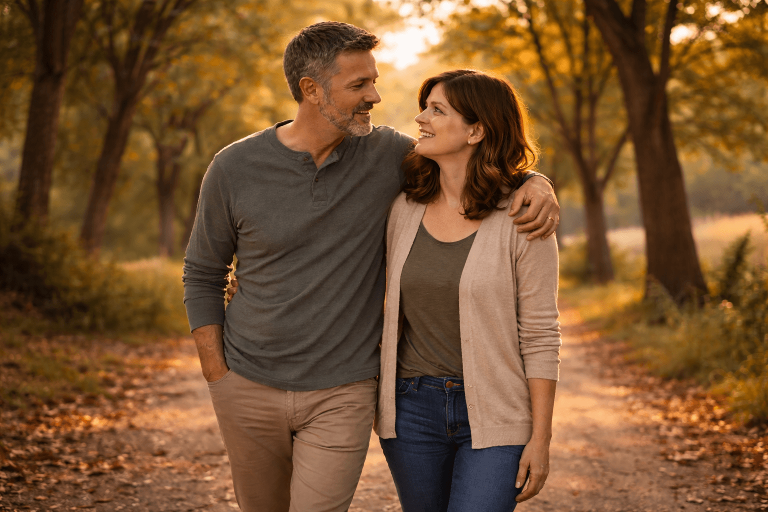 Couple walking side by side on a tree lined path in golden light