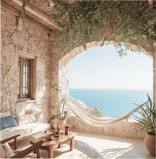 Cozy stone terrace with hammock, plants, and seating overlooking a calm blue sea.