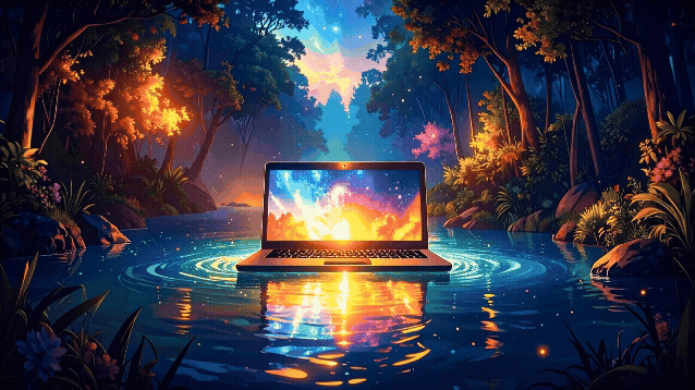 A glowing laptop partly submerged in calm water, symbolizing creative reset.