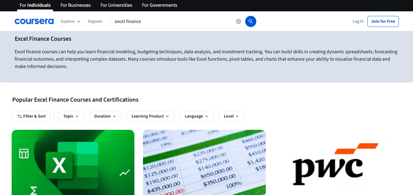 Coursera Excel Financial Analysis Courses