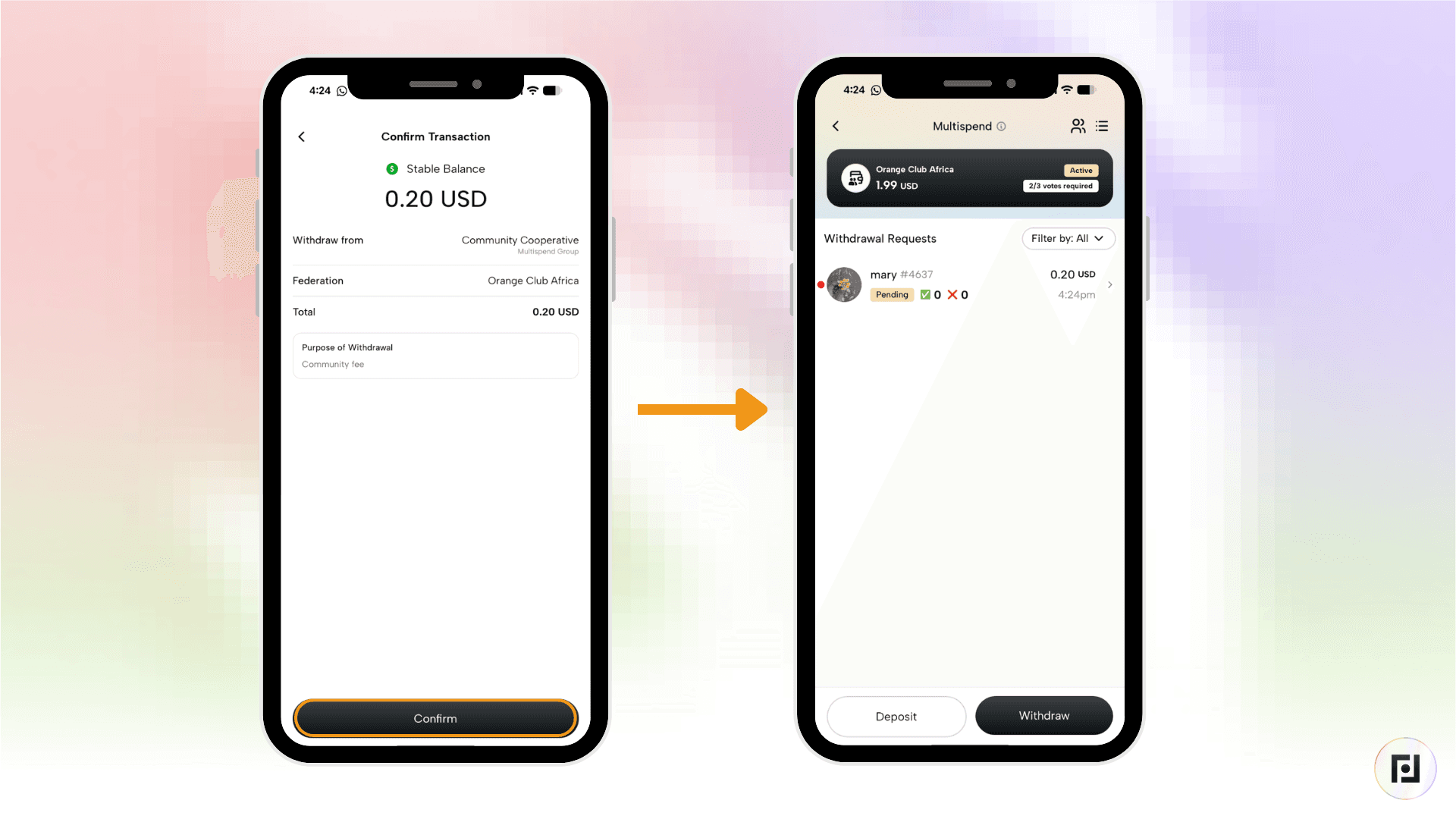 O aplicativo Fedi mostra uma transação de saque confirmada no valor de 0,20 USD e a lista de solicitações de saque com status pendente, aguardando a aprovação de um membro do grupo