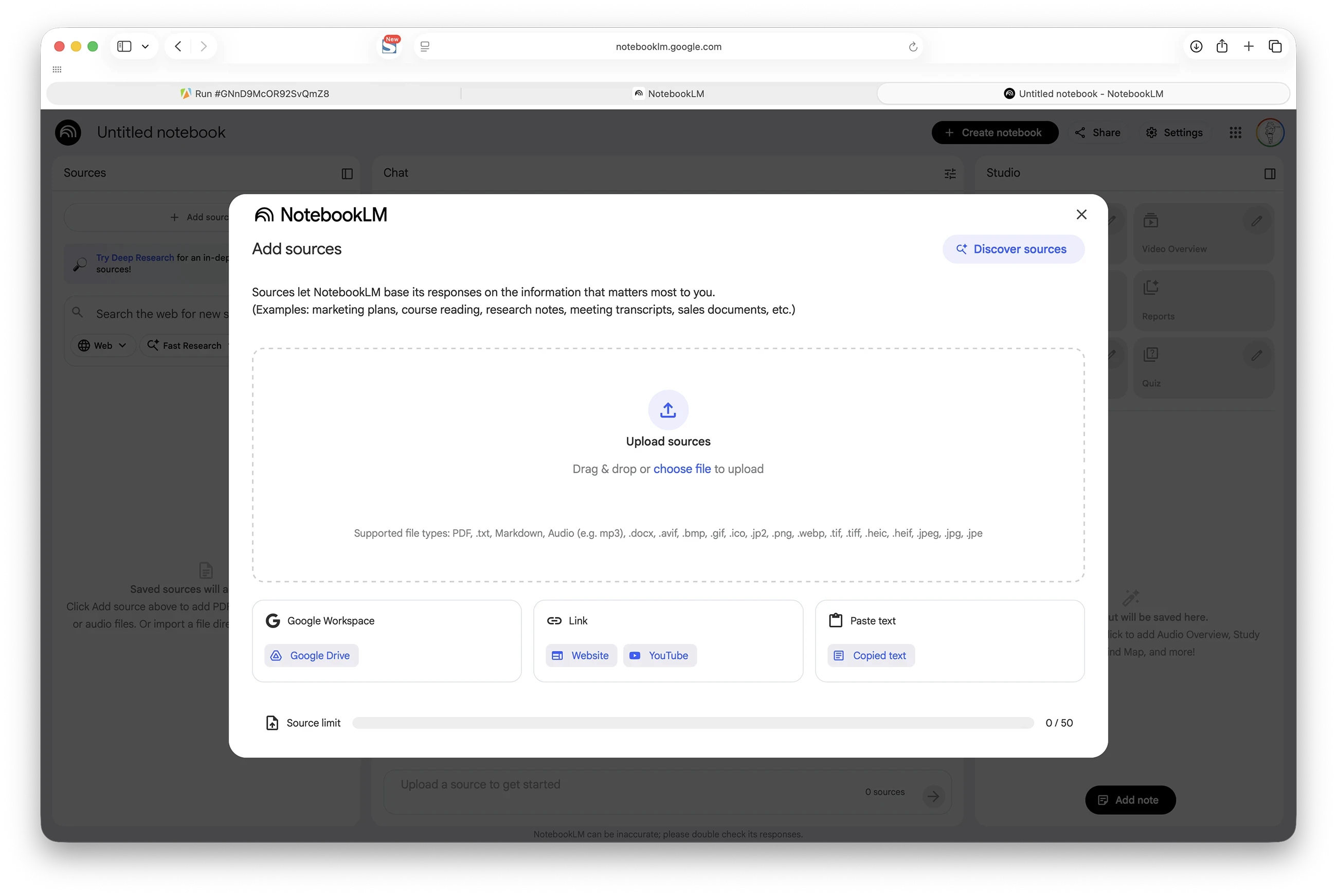 Screenshot: NotebookLM interface with upload source interface
