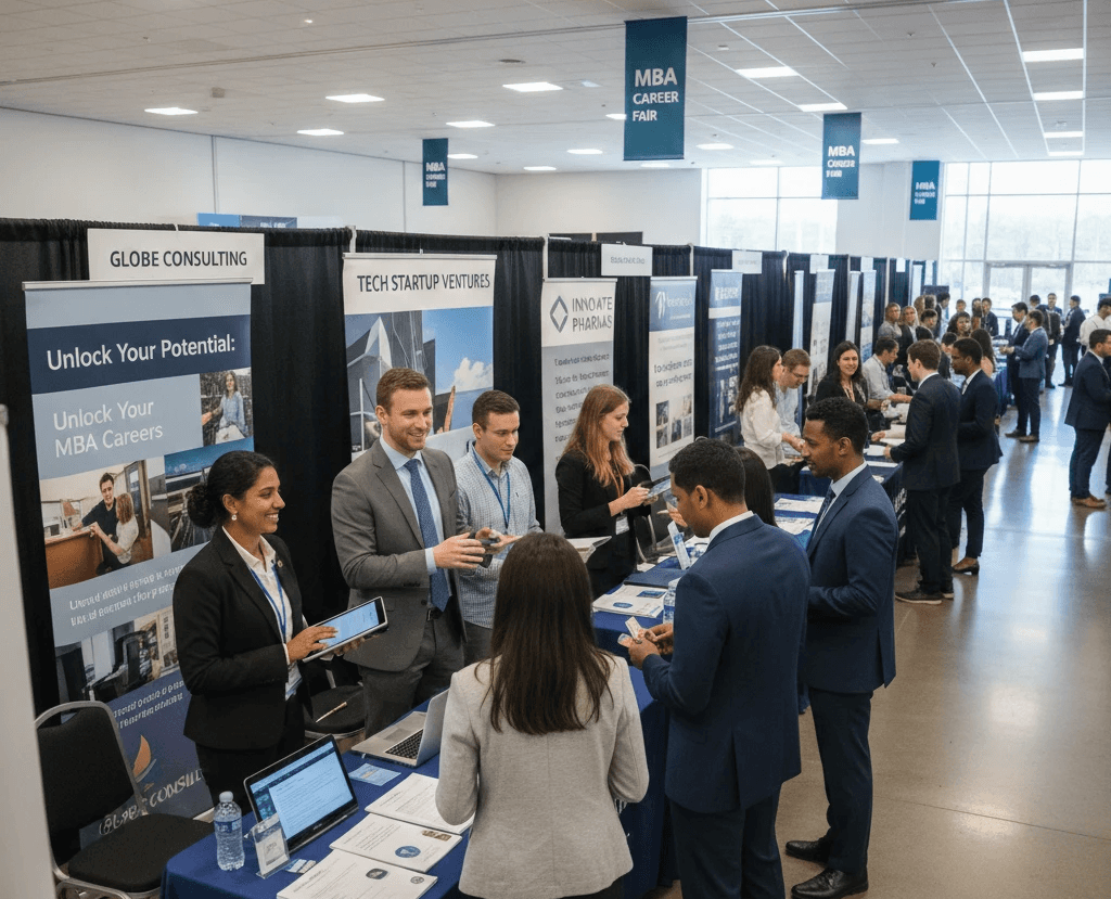 Professional MBA recruiters at a career fair talking to candidates at branded booths for consulting and tech startup firms.