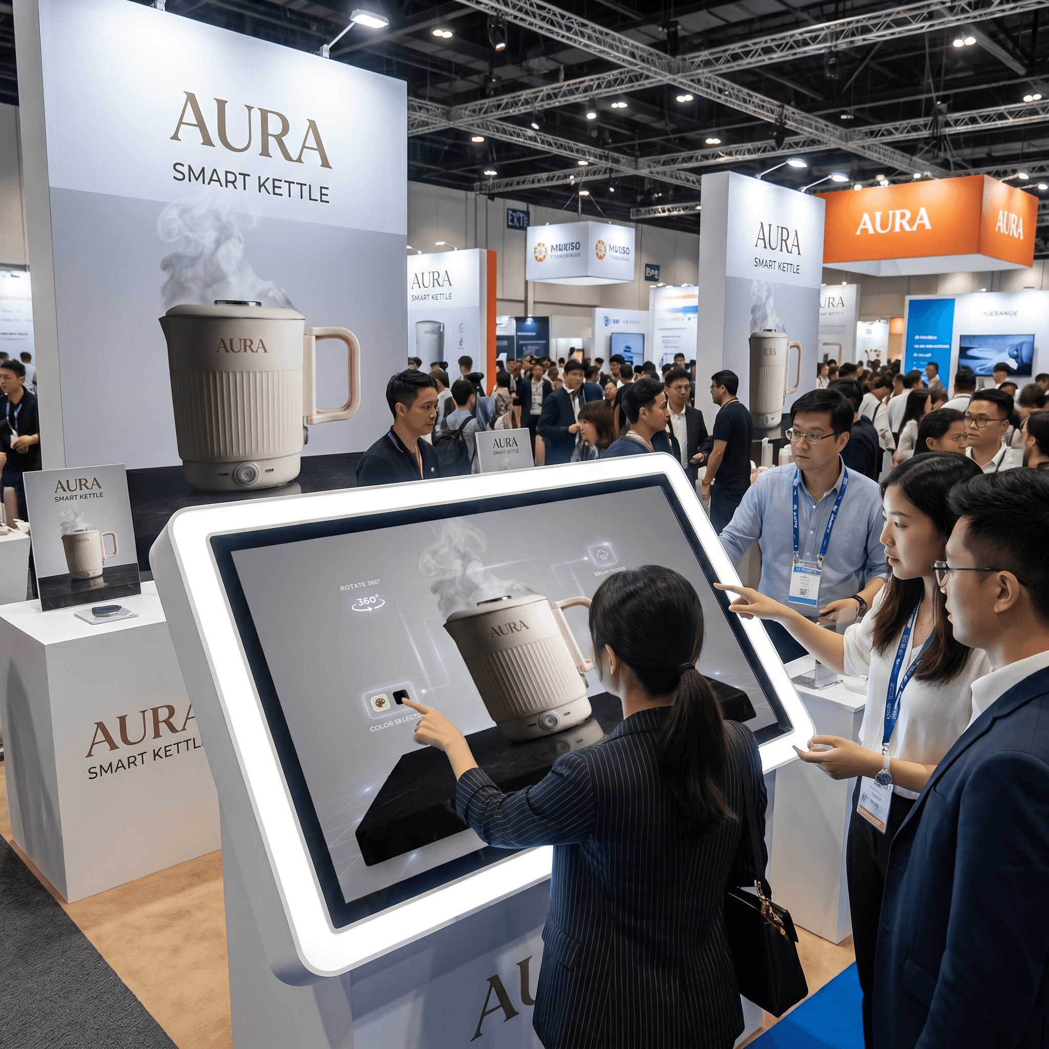Aura smart kettle 3D visualization on interactive trade-show kiosk at home appliance expo