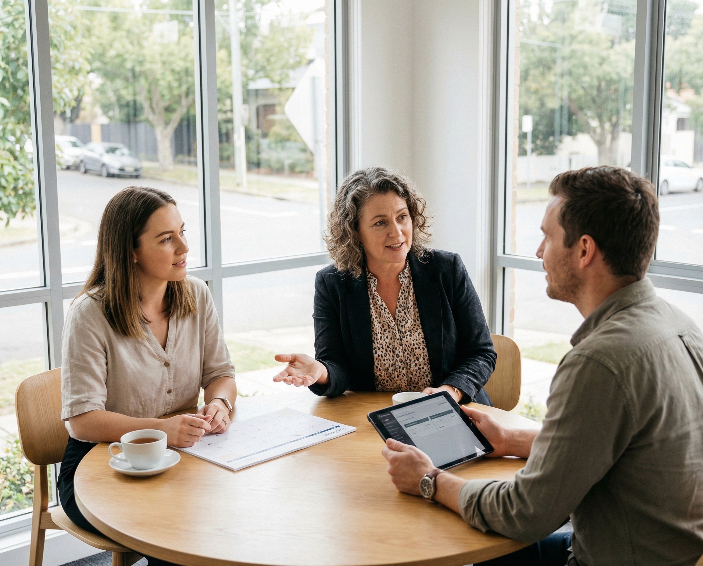 A people-and-culture director in her mid-40s sitting at a round table in a warm, light-filled meeting room with two colleagues — a wellbeing programme coordinator in her early 30s and a WHS manager in his late 30s. The P&C director is sitting between the other two, physically bridging them at the table, with one hand gesturing toward the wellbeing coordinator and her gaze directed at the WHS manager, mid-sentence — connecting a point from one conversation to the other. The wellbeing coordinator has a printed programme calendar in front of her.