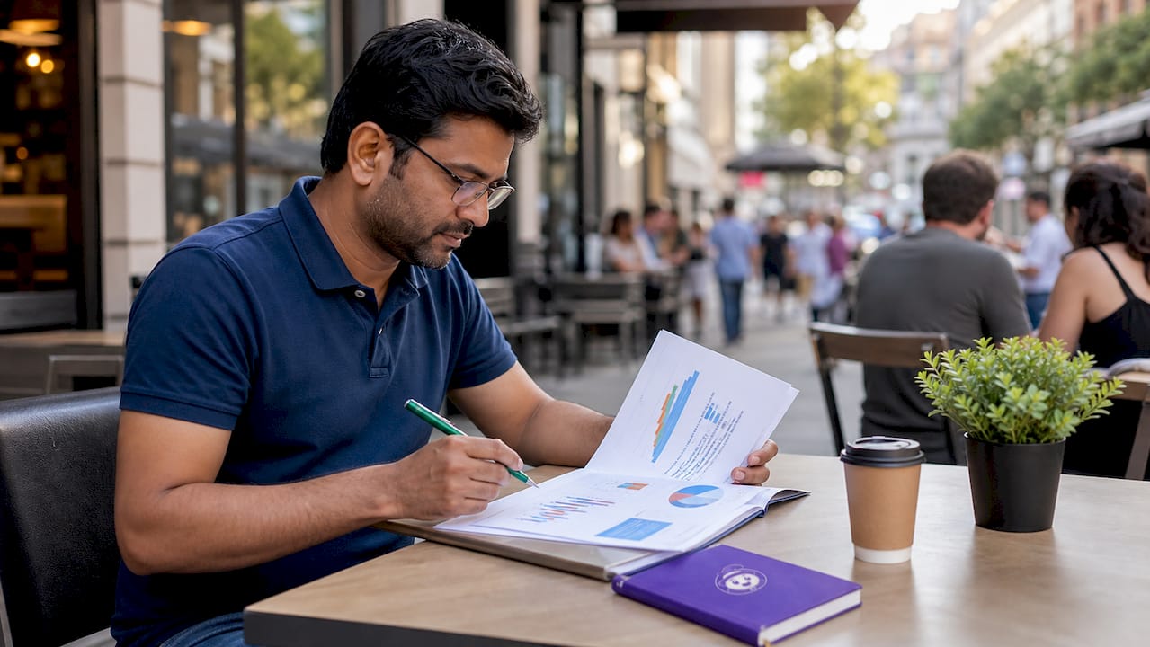 Man reviewing marketing reports at desk