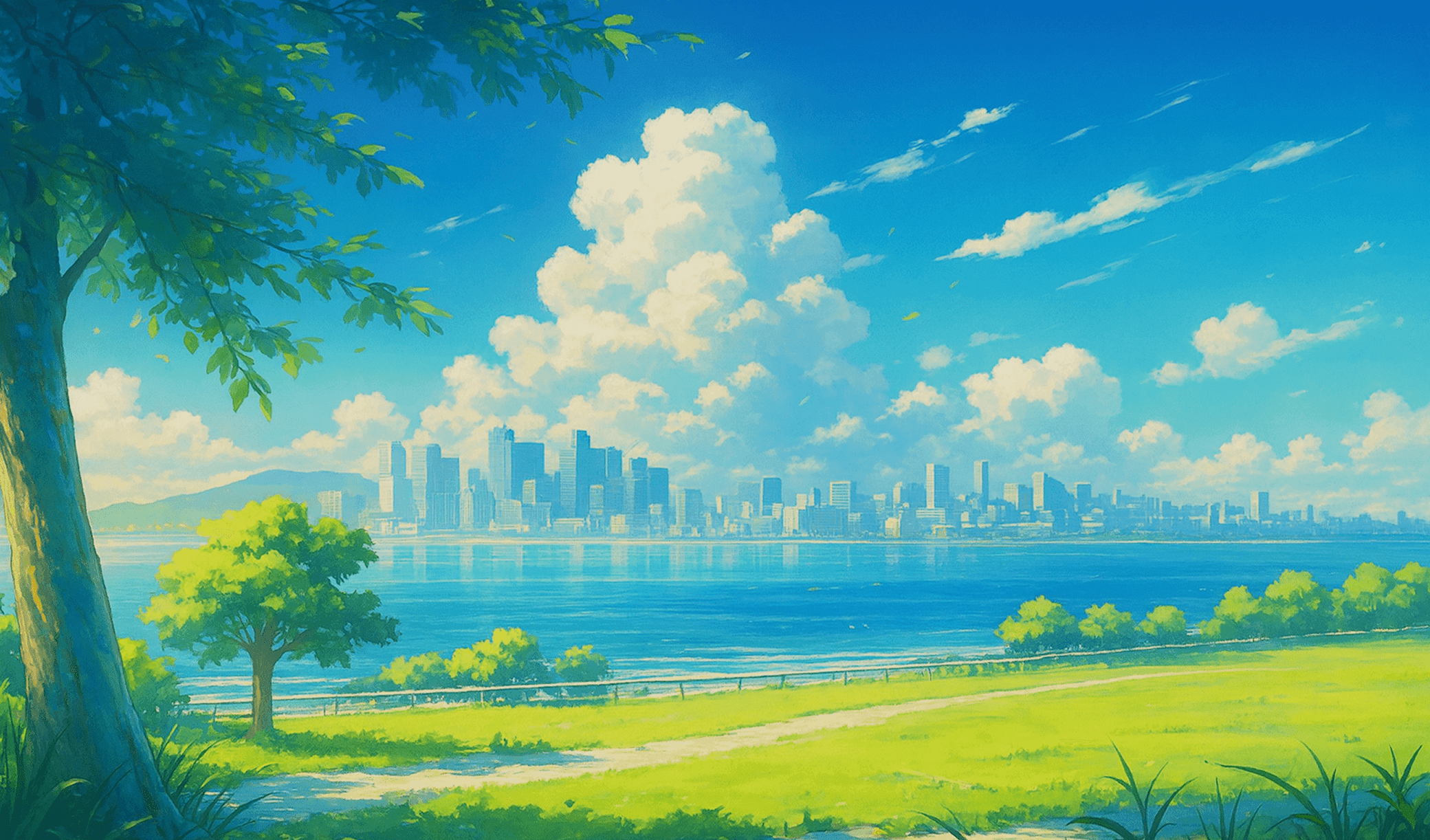 Colorful anime city scene with green trees and grassy areas, showcasing a lively urban environment.