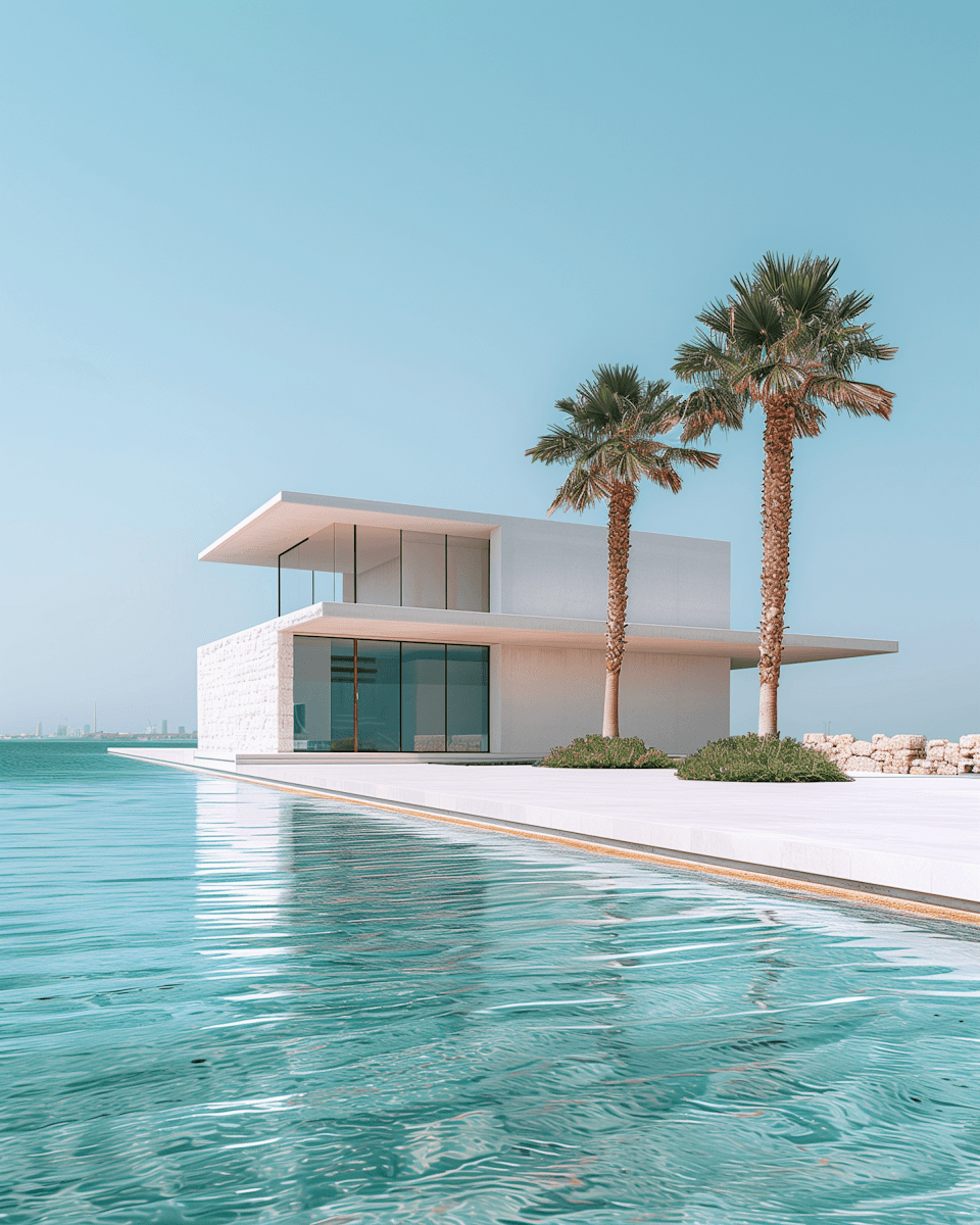 Modern white waterfront villa with large glass windows, palm trees, and a clear swimming pool extending toward the sea under a blue sky.