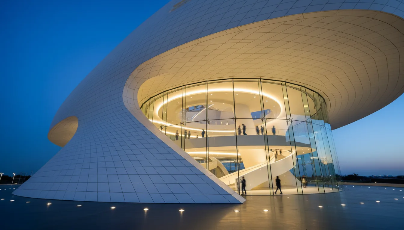 DSLR photograph of a hyper-realistic architectural rendering of a futuristic parametric building at blue hour. The structure features vast, sweeping curves made of off-white composite panels with a subtle grid texture. A low-angle perspective emphasizes the building's fluid form against a deep twilight sky. Warm, golden light illuminates the interior, visible through an expansive glass curtain wall, revealing silhouettes of people and a grand staircase. Cinematic contrast between the cool exterior and the warm interior lighting. The ground is a dark, reflective surface with small embedded spotlights. Sharp focus, clean lines, professional architectural photography.
