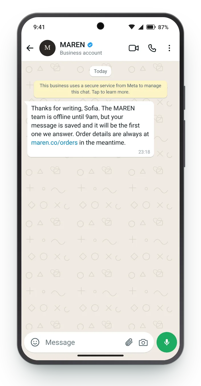 Replying after closing time: WhatsApp greeting message on an Android phone