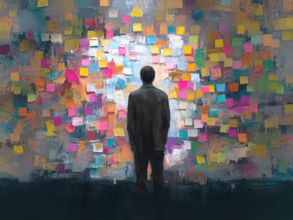 An impressionist painting shows a person standing in front of a wall covered with hundreds of colorful sticky notes. The figure, viewed from behind, faces a chaotic yet vibrant mosaic of ideas, symbolizing creativity, overwhelm, or strategic planning in a burst of color and energy.