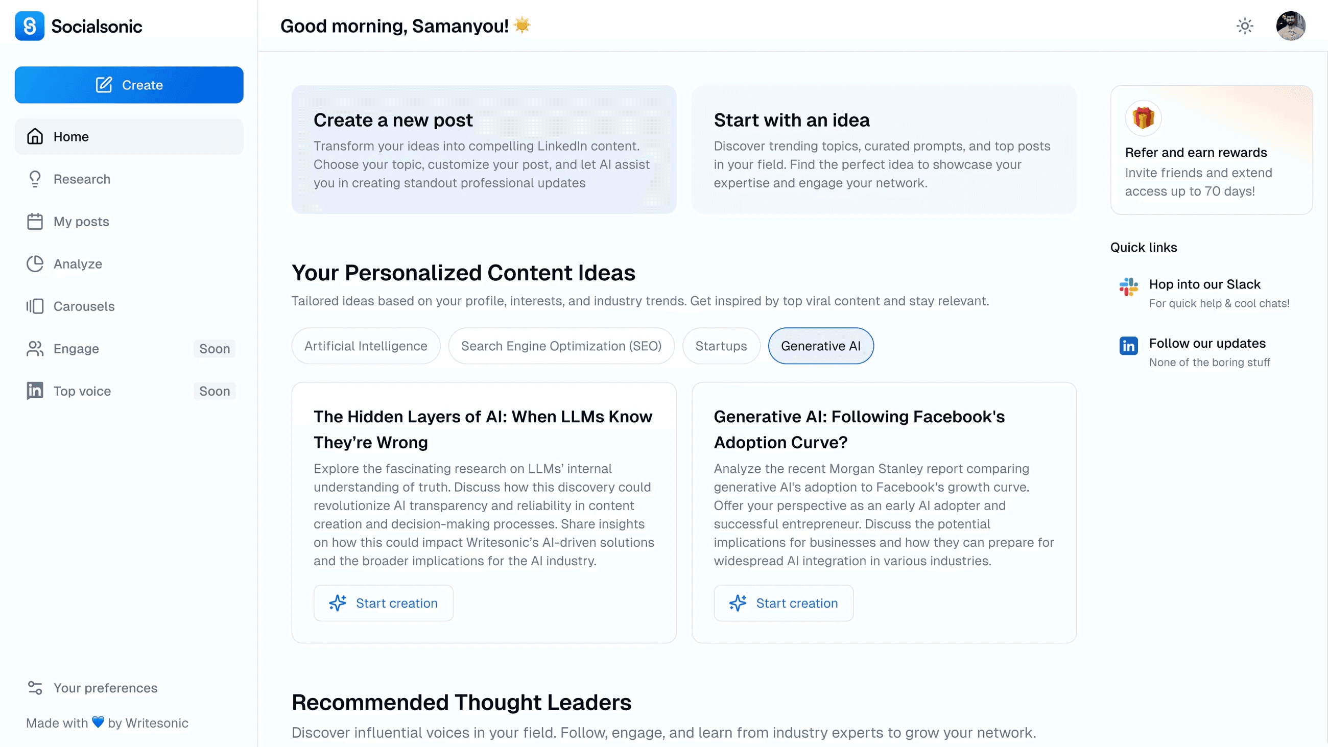 Socialsonic's dashboard, displaying the user's personalized content ideas and option to create a new post