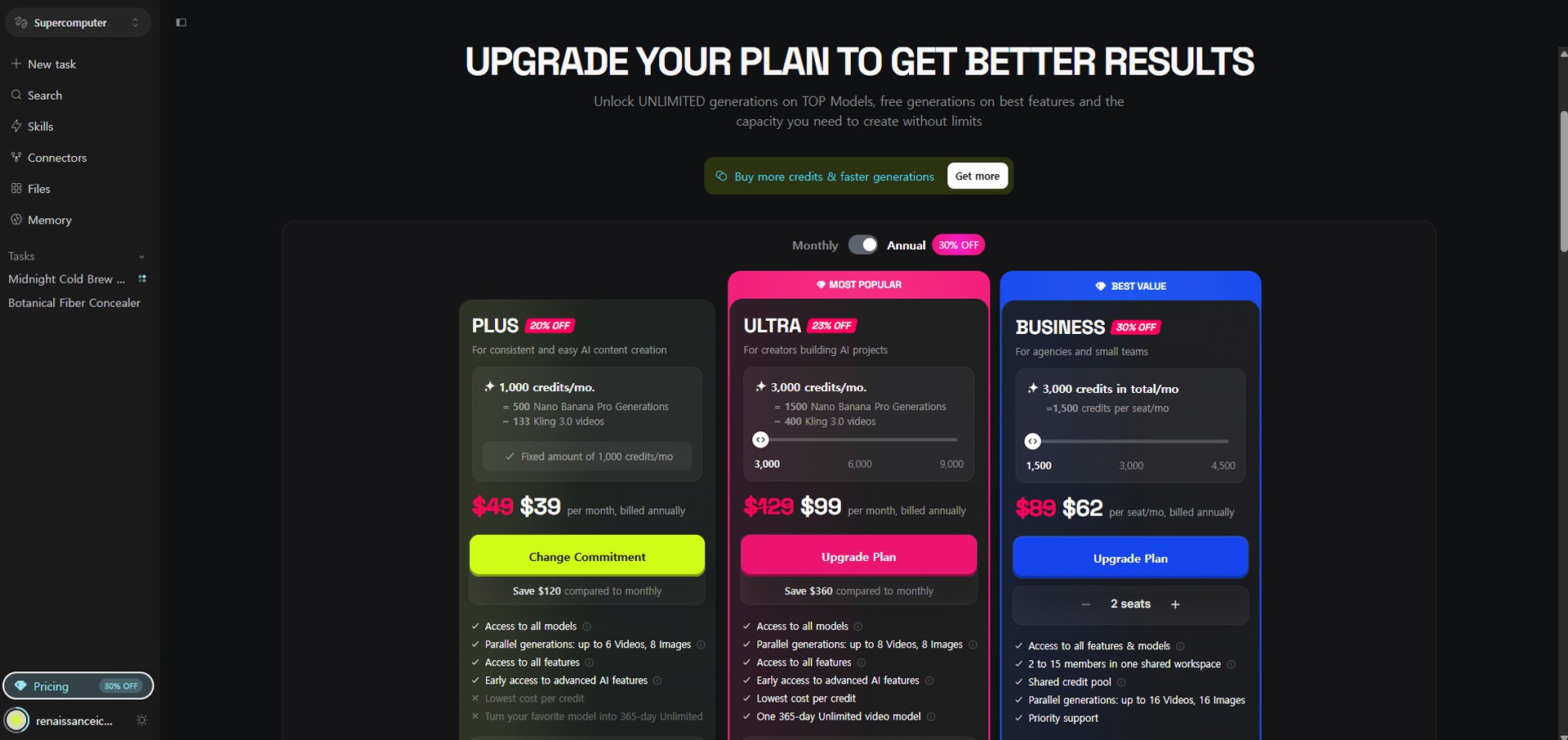 Image caption: Higgsfield pricing is based on credits, plan limits, and annual or monthly billing options, so users should check the live pricing page before upgrading.