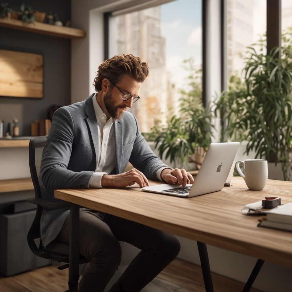 Persona trabajando en laptop en un espacio acogedor, representando el desarrollo de estrategias de branding con IA, desde el análisis hasta la optimización