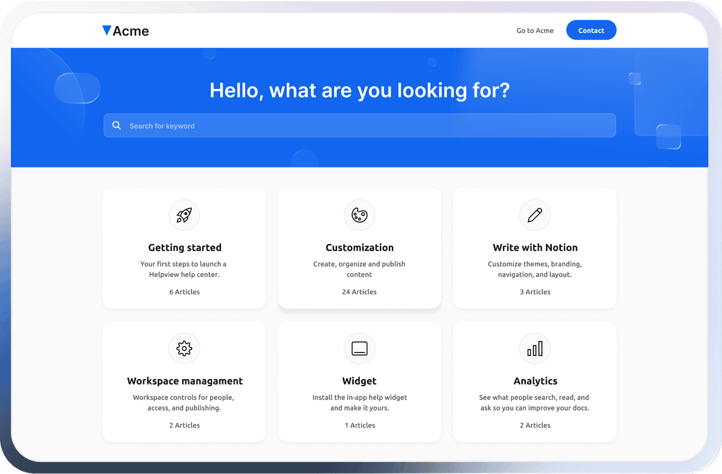 Helpview Notion based help center in light theme with searchable categories and documentation layout.