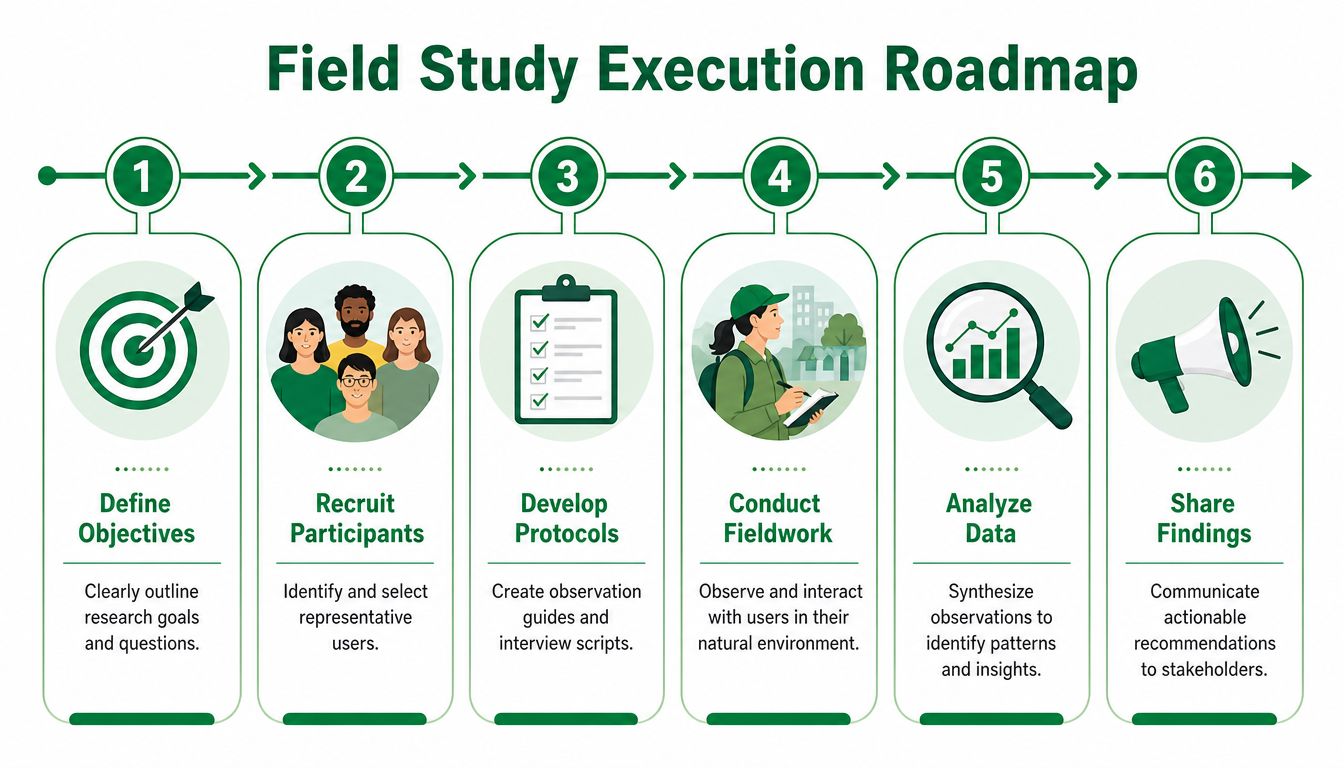 A six-step infographic titled Field Study Execution Roadmap illustrating the process from defining objectives to sharing findings.