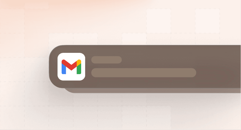 Gmail logo displayed on a rounded dark notification-style card with two horizontal placeholder lines representing text.