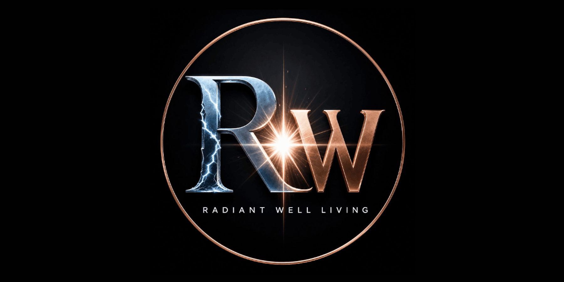 Radiant Well Living logo featuring metallic RW initials with glowing center on a black circular background.
