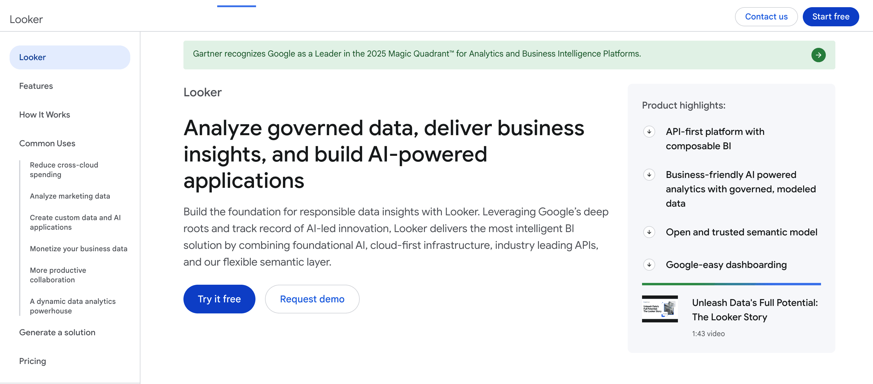 Google Looker analytics platform interface highlighting governed data analysis, semantic model, and AI-powered business intelligence tools.