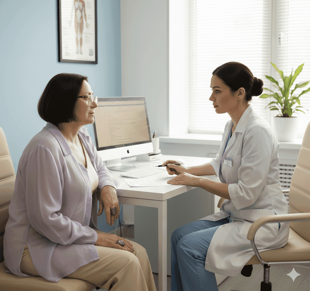 A woman in glasses and a light purple jacket sits in a medical examination room, facing a female doctor in a white lab coat and blue scrubs. The doctor sits at a desk with a computer and papers, holding a pen, while the patient looks attentively at her.