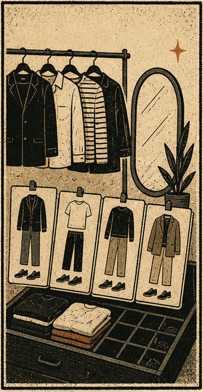 Hand-drawn wardrobe, outfit cards, and mirror for Icon
