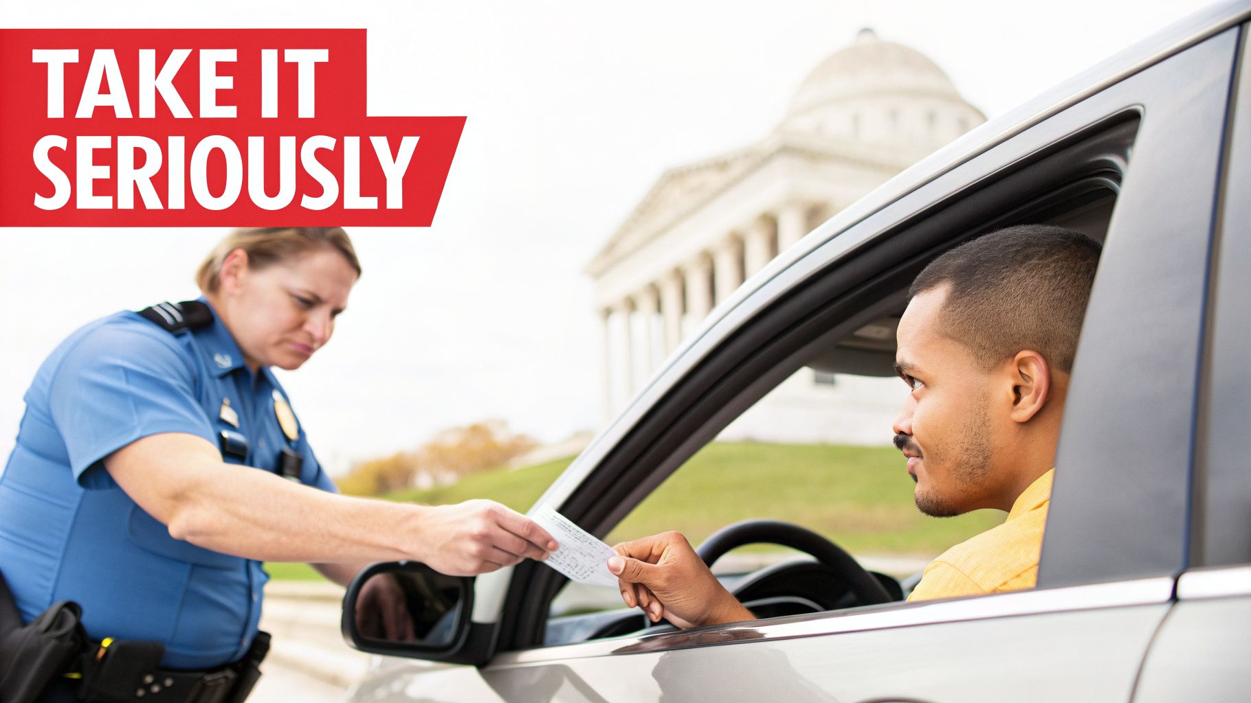 A police officer gives a traffic ticket to a male driver in a car outside a government building.