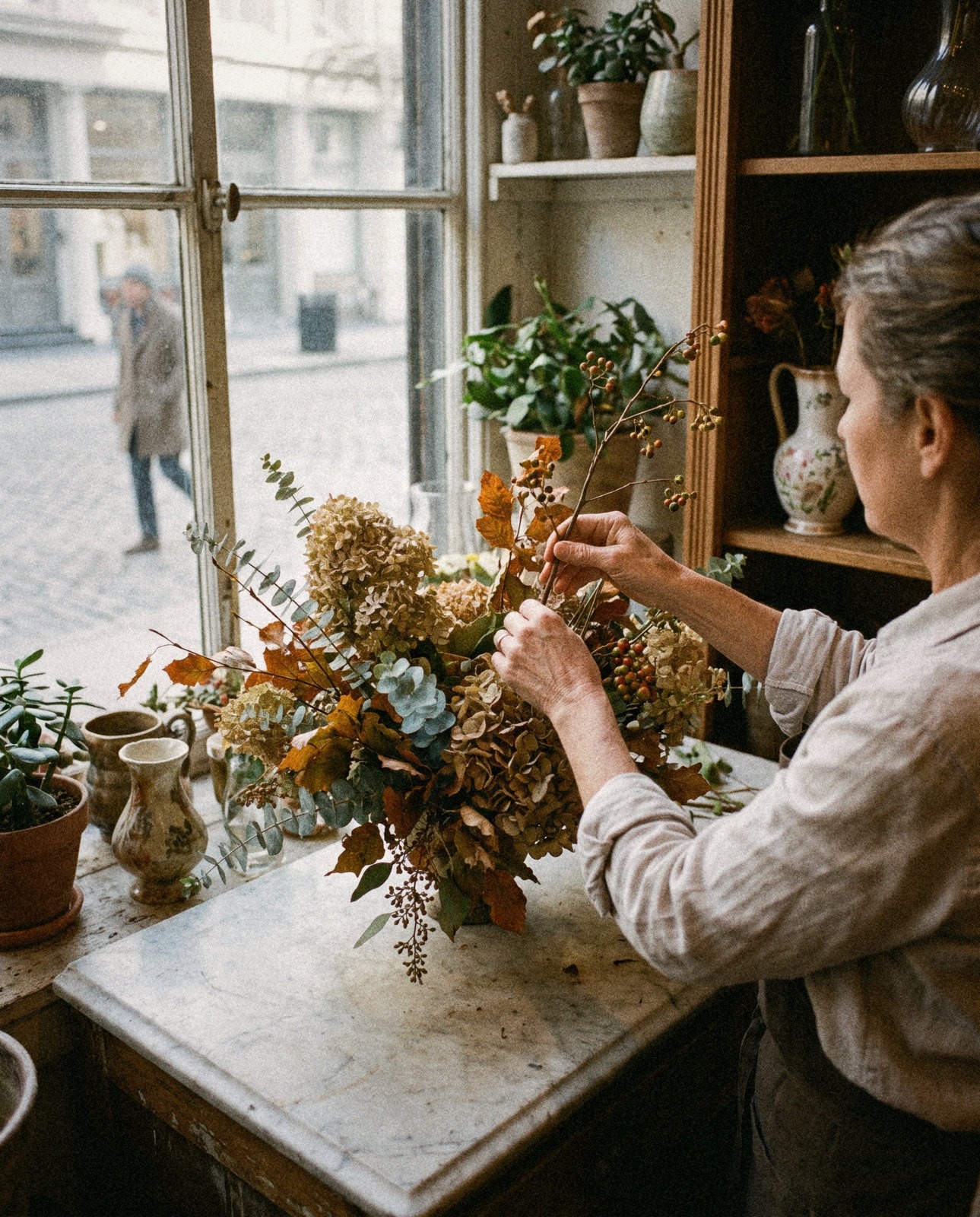 Een bloemist in Tribeca legt de laatste hand aan een groot boeket